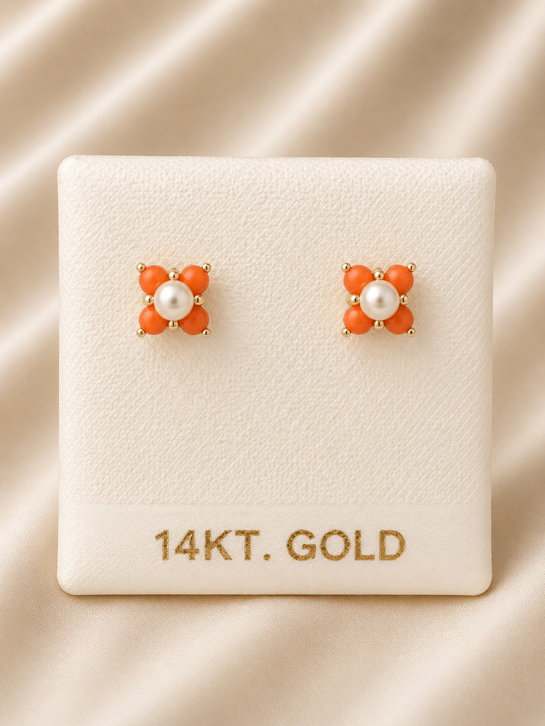 14K Gold Coral Flower Pearl Stud Earrings