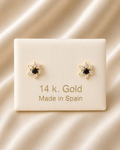 14K Gold Black Onyx & Crystal Flower Stud Earrings