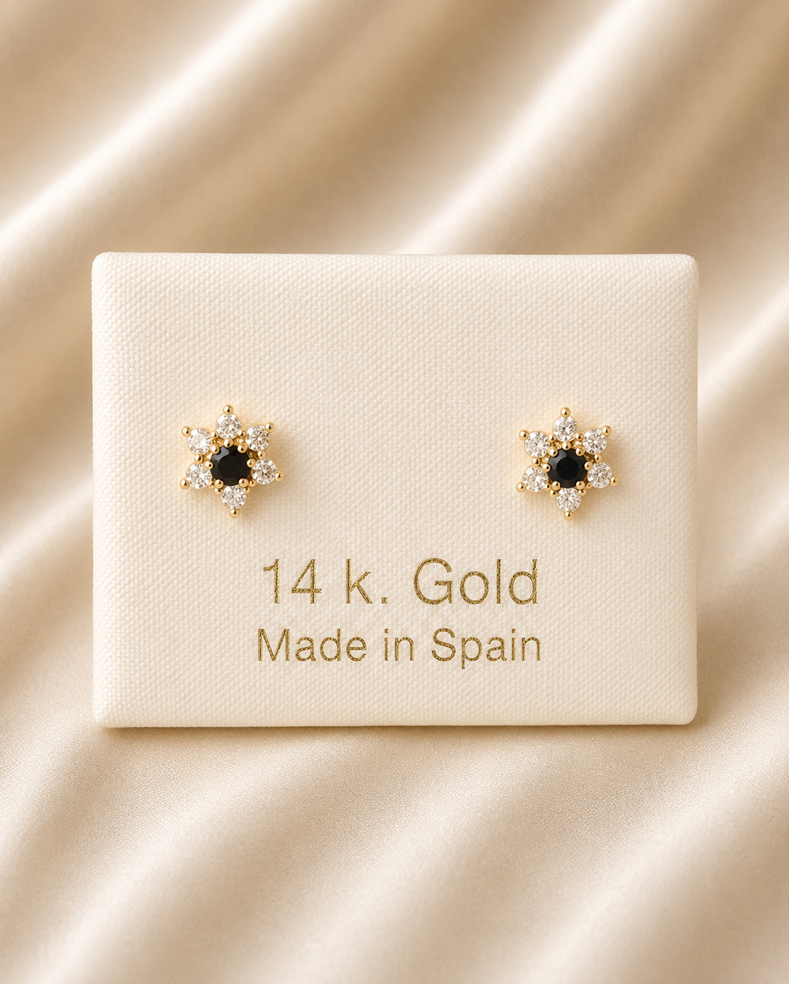 14K Gold Black Onyx & Crystal Flower Stud Earrings