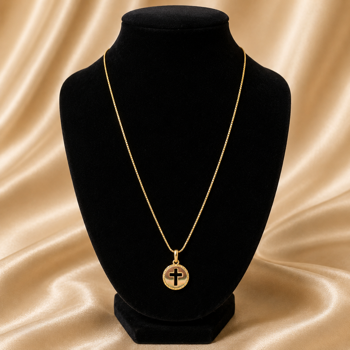 14K Italian Gold Necklace with Cross Round Pendant